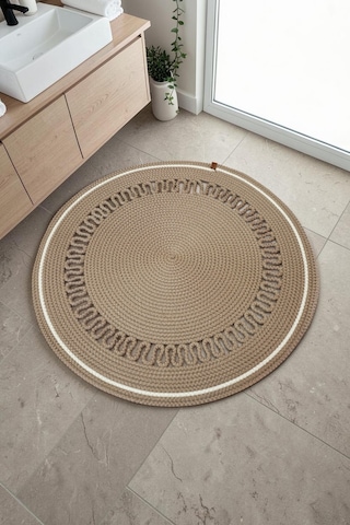 Jüt Hasır Model Dekoratif Desenli El Yapımı Yuvarlak Kilim Paspas Vizon