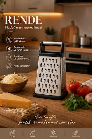 Porsima Lm-4023 Razzo 4 Fonksiyonlu Paslanmaz Çelik Rende İnce, Orta, Parmak Ve Dilimleme Yüzeyli Silikon Tabanlı Metal Rende-20 Cm Inox