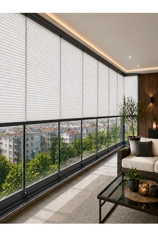 %100 Karartma Plise Perde Açık Gri Kumaş + Antrasit Profil Kasa Cam Balkon Perdesi