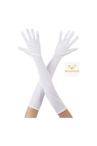 Nessiworld Beyaz Renk Dirseğe Kadar Uzun Kumaş Eldiven 40 Cm