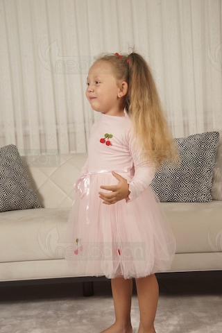 Tüllü Astarlı Esnek Kirazlı Elbise Uzun-pembe Pembe