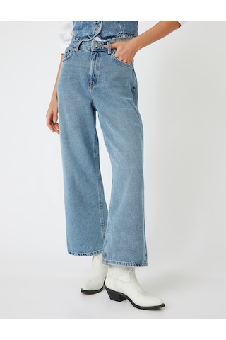 Koton Crop Bol Paça Kot Pantolon Normal Bel Slim Fit Düğmeli - Wide Leg Crop Jean Açık İndigo 5wal40111md