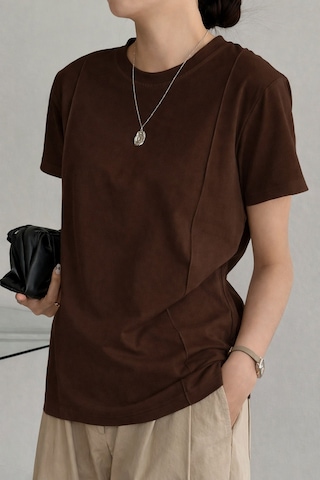 Kadın Kısa Kollu Çizgi Detaylı Basic Tişört Süprem Kumaş Yazlık Rahat T-shirt Kahverengi