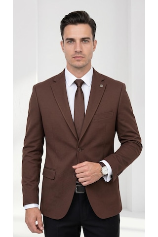 Plus Scorpion Ck 142 Slim Fit Mikro Desenli Erkek Ceket Yazlık Pike Kumaş Çift Yırtmaç Blazer Kahverengi