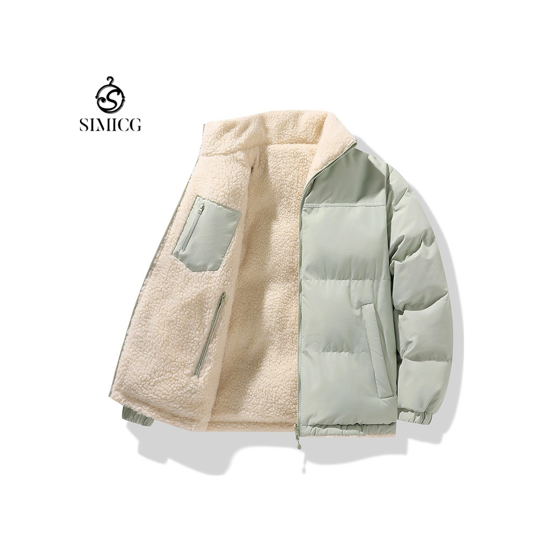 Çift Taraflı Düz Renk Dik Yaka Artı Kadife Kalın Sıcak Erkek Pamuklu Ceket AÇIK YEŞİL