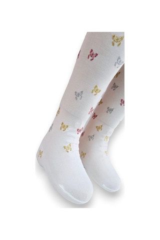 Kelebekli Simli Çocuk Külotlu Çorap - Dore St08584 Krem