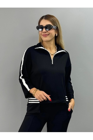 Defymoda Kadın Polo Yaka Paça Yırtmaçlı Ribanalı İkili Takım Siyah