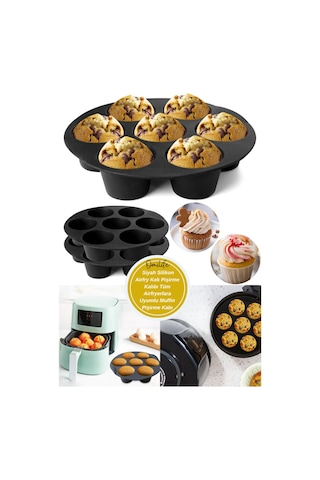 Siyah Silikon Airfry Kek Pişirme Kalıbı Tüm Airfryerlara Uyumlu Muffin Pişirme Kabı Diğer