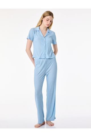 Koton Rahat Kalıp Gömlek Yaka Fitilli Pijama Takımı Mavi 6slk40088mk