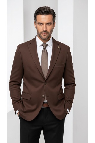 Plus Scorpion Erkek Slim Fit Çift Düğme Çift Yırtmaçlı Blazer Ceket Premium Dokulu Kumaş Kahverengi