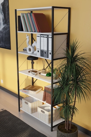 Dekoratif Metal Kitaplık 6 Raflı Kitaplık Dosya Rafı 180 Cm Beyaz