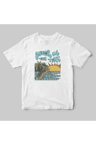 Yaz Zamanı Summer Time Caretta Caretta Deniz Kum Güneş Baskılı Regular Fit %100 Pamuk Beyaz T-shirt Beyaz