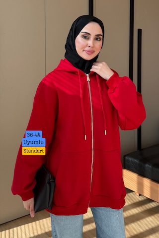 Balenbi Kadın 3 İplik İçi Polarlı Kapüşonlu Tesettür Basic Sweat Hırka 395 Kırmızı