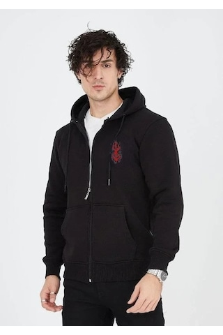 Luz&pos Erkek Baskılı Tam Fermuarlı Kapşonlu Sweatshirt - Siyah Siyah
