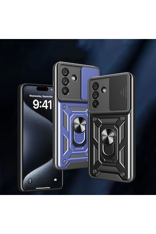 Galaxy Uyumlu Uyumlu A56 Kılıf Magnetik Standlı Kamera Korumalı Zore Sürgülü Vega Kapak Mavi