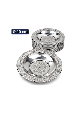 Binbir Trend 10 Cm Otantik Desenli Paslanmaz Çelik Çay Tabağı, Kırılmaz Metal Çay Bardağı Altlığı 6 Adet Gümüş
