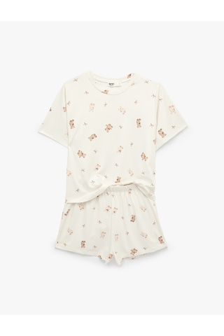 Koton Ayıcık Baskılı Rahat Kesim Bisiklet Yaka Kısa Kollu Pijama Takımı Bej Desenli 7wlk40117mk