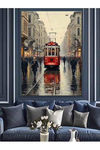 Ahşap Tablo Yağmurlu Kırmızı Tramvay Sokak