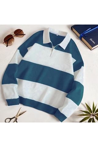 Fifty Color Unisex Petrol Mavi Polo Yaka Kışlık Sweatshirt İçi Polarlı Petrol Mavi