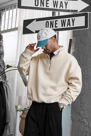 Krem Cozy Basic Yarım Fermuar Oversize Sweatshirt Krem