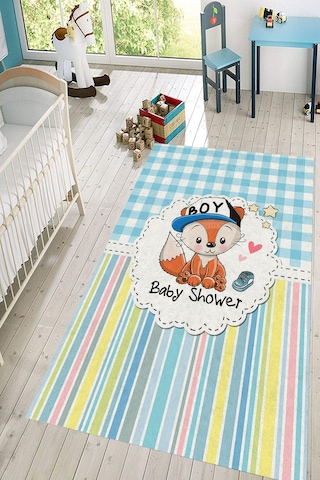 Dijital Baskılı Mavi Baby Shower Desenli Dekoratif Yıkanabilir Kaymaz Taban Çocuk Halısı Çok Renkli