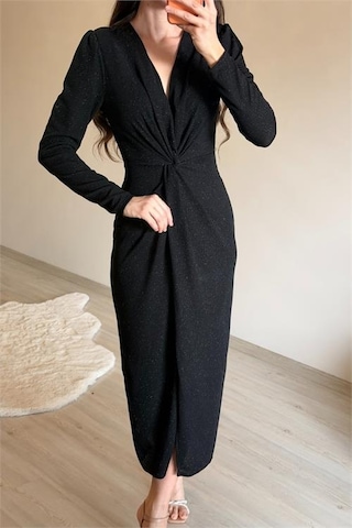 Neşeli Butik Kadın Siyah Bel Büzgü Detaylı Yırtmaçlı Midi Boy Abiye Elbise Nm027 Siyah