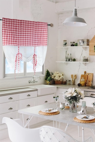 Naturel Potlu Ekose Tül Perde Retro Kırmızı