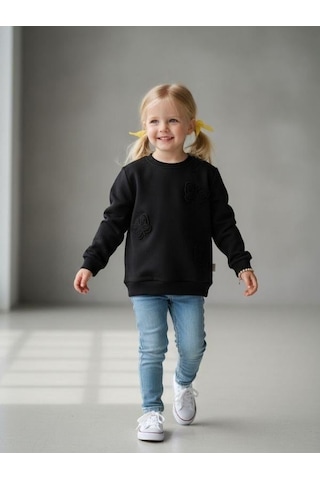 Kız Çocuk Kelebek Desenli Sweatshirt-16229 Siyah