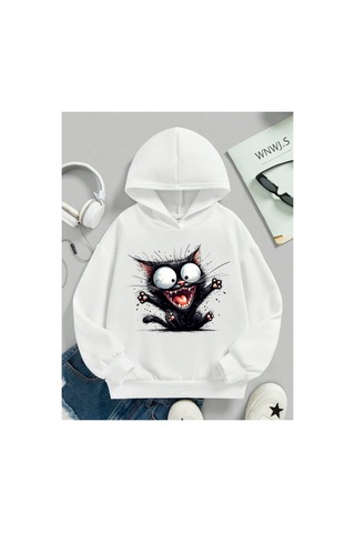 Stil X Sevimli Kediler Baskılı Kapüşonlu Çocuk Sweatshırt Beyaz-3