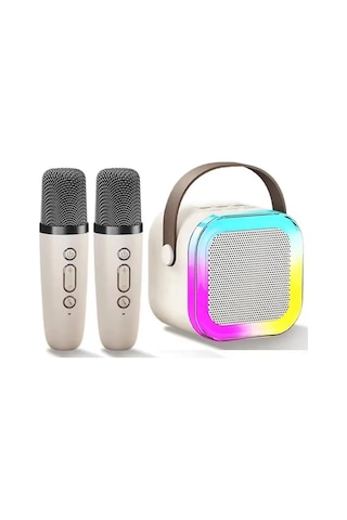 Coverzone Kablosuz Mikrofonlu Karaoke Makinesi Ent- Taşınabilir Bluetooth Hoparlör Seti Bas Tiz Ayarlı Retro Hoparlör Yetişkinler Ve Çocuklar İçin Hafıza Kartı Ve Usb 10x10x6cm Çiftli K12 - Krem