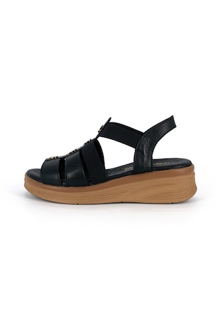 Mammamia D26ys-2820 Siyah Hakiki Deri Lastikli Kısa Dolgu Topuklu 5cm Kadın Sandalet
