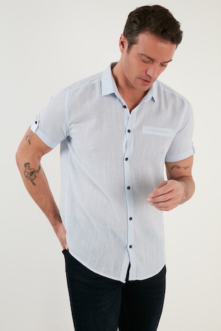 Buratti % 100 Pamuk Keten Görünümlü Slim Fit Kısa Kollu Erkek Gömlek Cf21S111766 Mavi