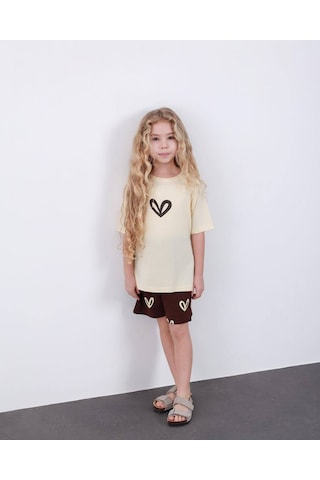 Miniko Kids Kız Çocuk Kalp Modelli Pamul Şortlu Takım Ekru