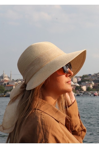 Uniquetrenders Kadın Organik Hasır Fiyonklu Şapka Bej