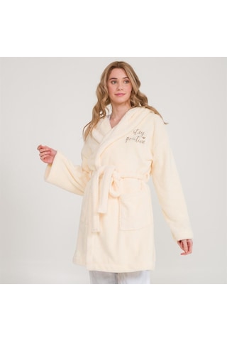 Welsoft Kapüşonlu Peluş Kadın Sabahlık Ekru
