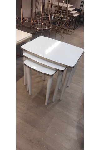 3 Lü Mdf Lam Zigon Sehpa Takımı , Ahşap Zigon Sehpa Beyaz - Altın