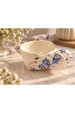 Floral Fil Kupa El Yapımı Seramik Altın - Mavi