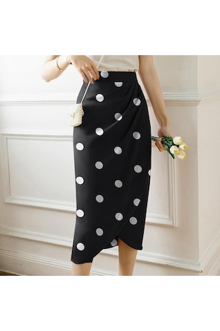 Fastbuy Siyah Puantiyeli Yüksek Bel Zayıflama Midi Etek - Zarif Ve Rahat Siyah