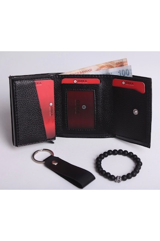 Ozka Leather Collection Kişiye Özel Yeni Trend Otomatik Mekanizmalı Cüzdan - Anahtarlık Ve Bileklik Hediyeli Siyah