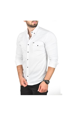 Deepsea Erkek Beyaz Slim Fit Pamuklu Cepli Kot Gömlek Çıtçıtlı Uzun Kollu Spor Gömlek 2502503 Beyaz
