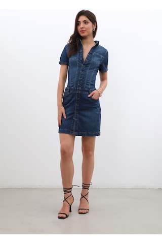 Banny Jeans Kadın Boydan Düğmeli Jean Elbise Koyu Mavi