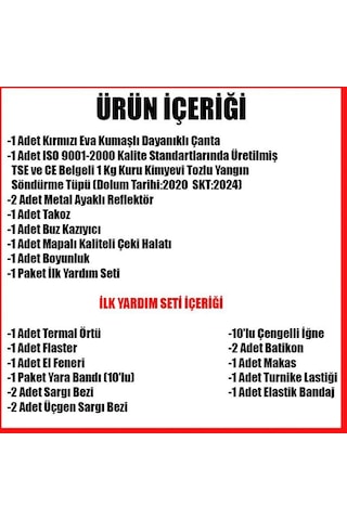 Eva Çantalı Trafik İlkyardım Seti yangın Tüpü Dolu İçerik