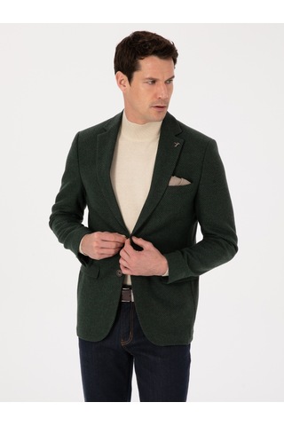 Cacharel Haki Slim Fit Yün Karışımlı Mikro Desenli Ceket Yesıl