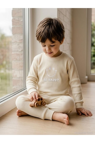 Minidamla Baby Minidamla Gülen Yüz Baskılı 1-6 Yaş Pijama Takımı - Bej
