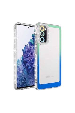 Galaxy S20 Fe Uyumlu Simli Ve Renk Geçiş Tasarımlı Lens Korumalı Zore Park Kılıf-yeşil-mavi