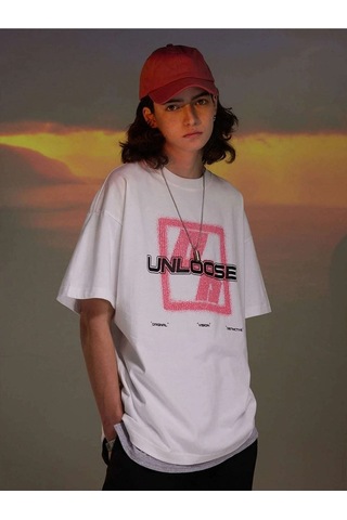 Erkek Beyaz Oversize Unloose Baskılı T-shirt Beyaz