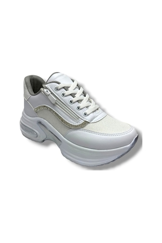 Modalendo 1511-26 Cilt Deri Simli Şeritli Anatomik Bağcıklı Kadın Sneaker Beyaz