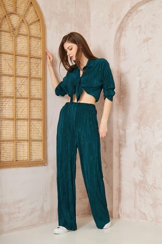 Kadın Pliseli Beli Lastikli Pantolon Tunik Gömlek Ikili Bürümcük Salaş Takım 3573300 Petrol
