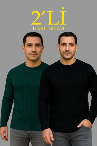 Veraura Lifestyle Erkek Fitilli Triko Kazak 2 Li Set Siyah Haki Kalın Dokuma Pamuklu Regular Fit Bisiklet Siyah - Haki