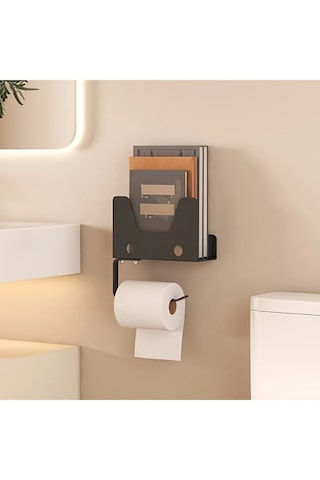 Duvara Monte Metal Tuvalet Kağıtlık Raflı, Çok Fonksiyonlu, Kitap/tablet Rafı Siyah